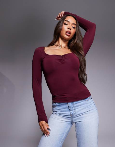 ASOS DESIGN - Top à manches longues en tissu double épaisseur avec décolleté en cœur - Bordeaux - view 1