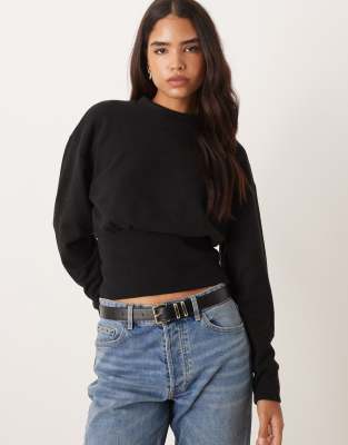 Top à manches longues en tissu ultra-doux avec taille style corset - Noir XS