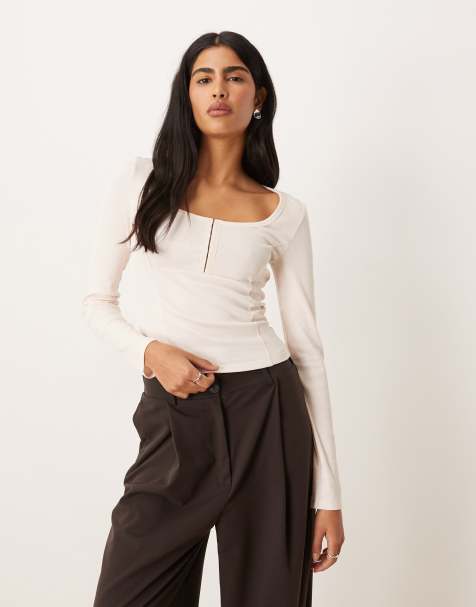 ASOS DESIGN - Top à manches longues et col arrondi avec détails de coutures - Crème - view 1