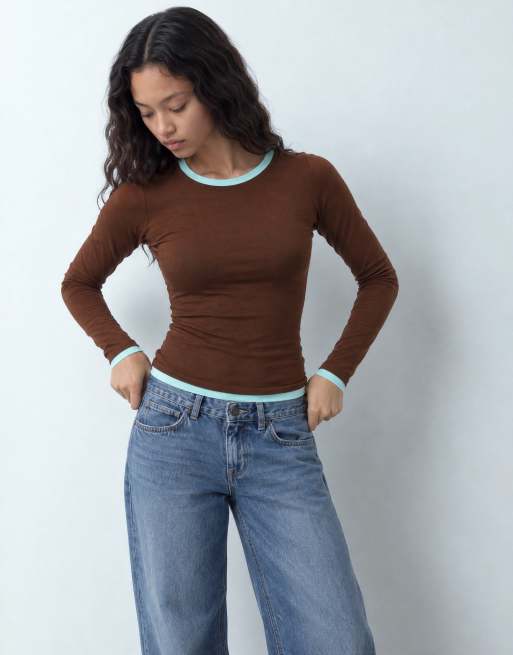 ASOS DESIGN top à manches longues et col ras de cou à double épaisseur en marron et aqua, 10 de 10