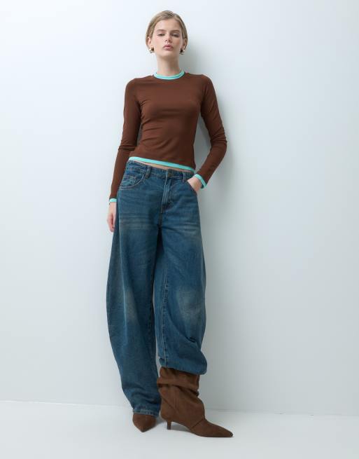 ASOS DESIGN top à manches longues et col ras de cou à double épaisseur en marron et aqua, 2 de 10