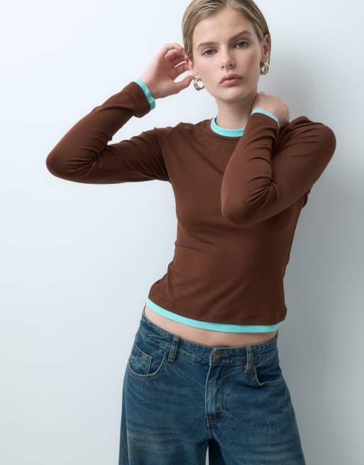 ASOS DESIGN top à manches longues et col ras de cou à double épaisseur en marron et aqua, 5 de 10
