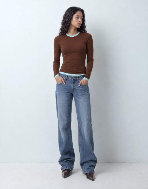 ASOS DESIGN top à manches longues et col ras de cou à double épaisseur en marron et aqua, 7 de 10