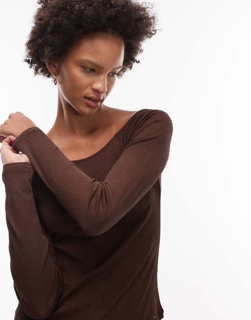 ASOS DESIGN - Top à manches longues et encolure dégagée en tulle semi-transparent - Marron, 4 de 4