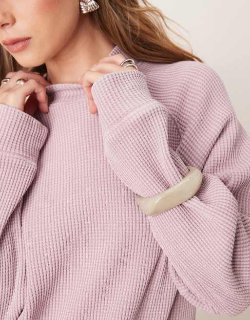 ASOS DESIGN - Top à manches longues raglan et col raglan en maille gaufrée - Mauve délavé, 2 de 4