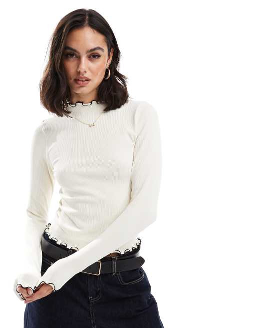ASOS DESIGN - Top à manches longues sans coutures effet sculptant avec bordures ondulées - Crème