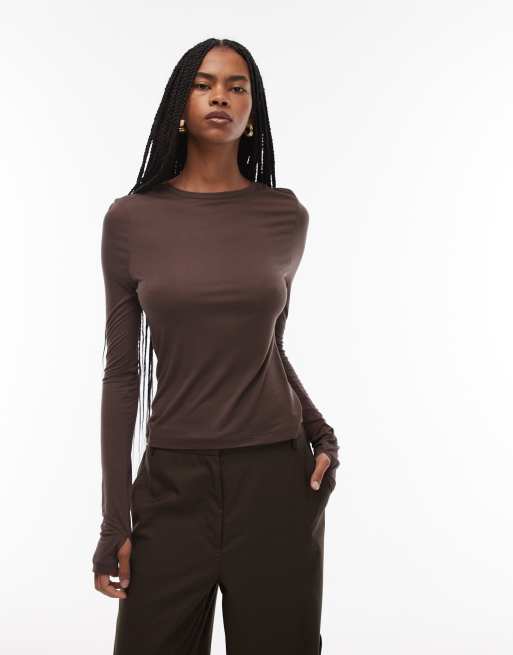 ASOS DESIGN - Top à manches longues semi-transparent effet seconde peau - Chocolat