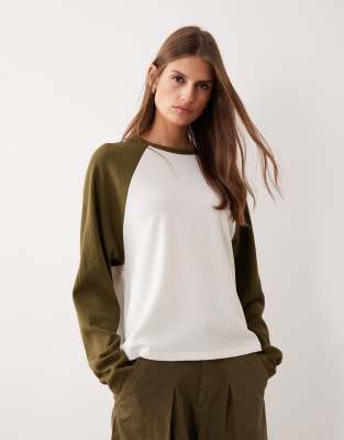 Top à manches raglan longues en tissu gaufré - Crème et Olive-Multicolore S