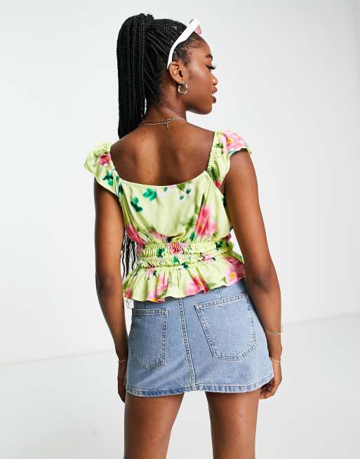 ASOS DESIGN - Top à manches volantées avec détail chaîne à la taille et imprimé rose - Vert, 2 de 4