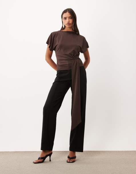ASOS DESIGN top à manches volantées et encolure bateau avec drapé marron - view 1