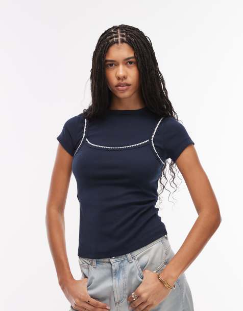 ASOS DESIGN - Top a maniche corte a doppio strato blu navy - view 1