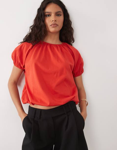 ASOS DESIGN - Top a maniche corte a palloncino rosso in coordinato - view 1