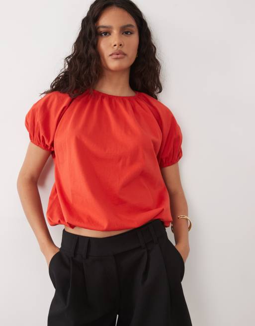 ASOS DESIGN - Top a maniche corte a palloncino rosso in coordinato