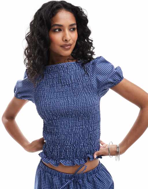 ASOS DESIGN - Top a maniche corte arricciato blu a quadri in coordinato
