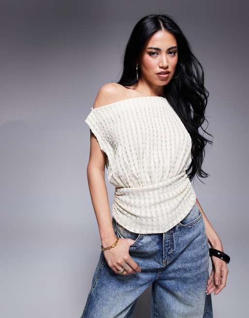 ASOS DESIGN - Top a maniche corte asimmetrico monospalla colore neutro testurizzato stretto in vita