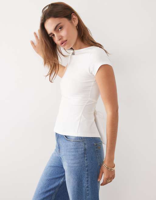 ASOS DESIGN - Top a maniche corte bianco con scollo a barchetta e allacciatura sulla schiena, 3 di 4