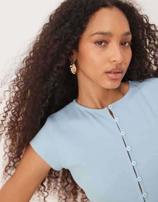ASOS DESIGN - Top a maniche corte blu a costine compatte con bottoni, 4 di 4