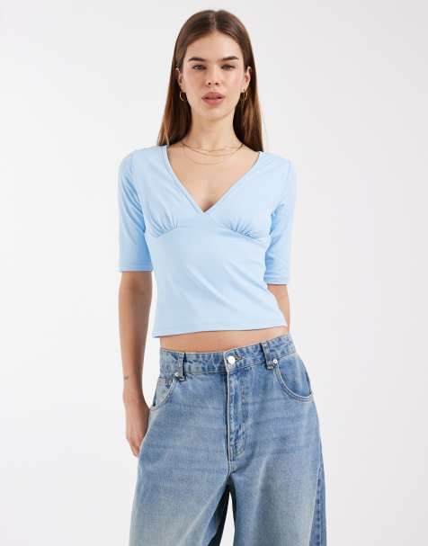 ASOS DESIGN - Top a maniche corte blu in poliammide con scollo profondo - view 1