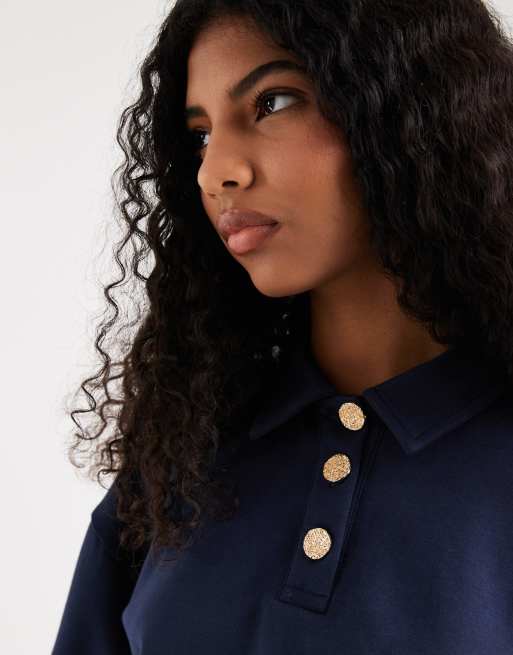 ASOS DESIGN - Top a maniche corte blu navy con colletto e bottoni dorati, 4 di 4
