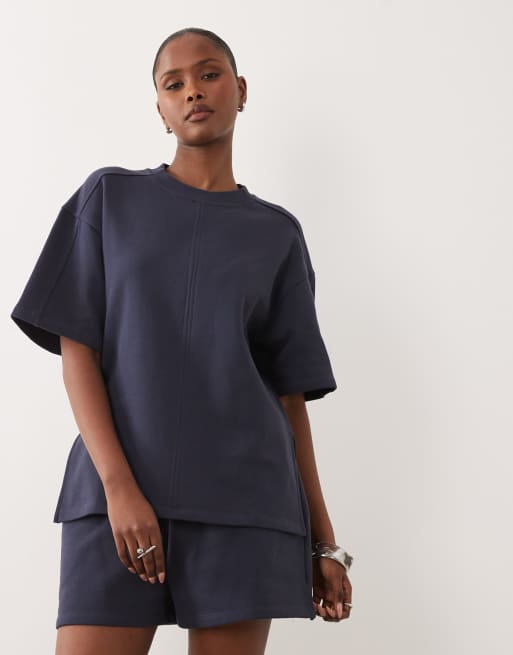 ASOS DESIGN - Top a maniche corte blu scuro con interno spazzolato in coordinato