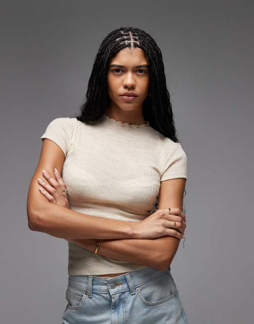 ASOS DESIGN - Top a maniche corte color crema trasparente a coste con scollo a imbuto