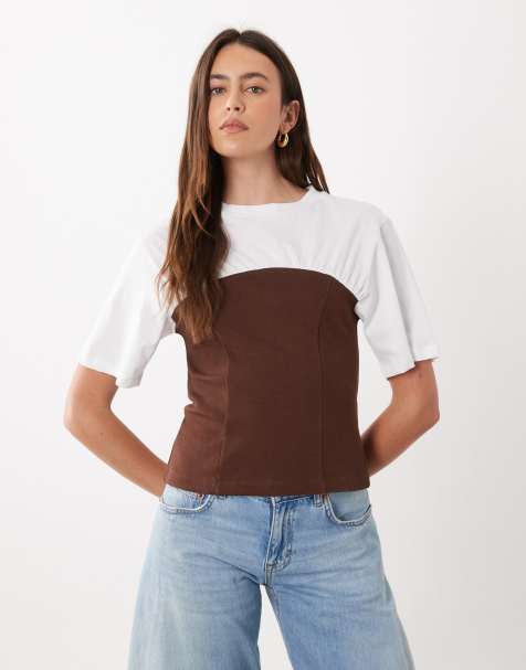 ASOS DESIGN top a maniche corte con fascia a contrasto color cioccolato - view 1