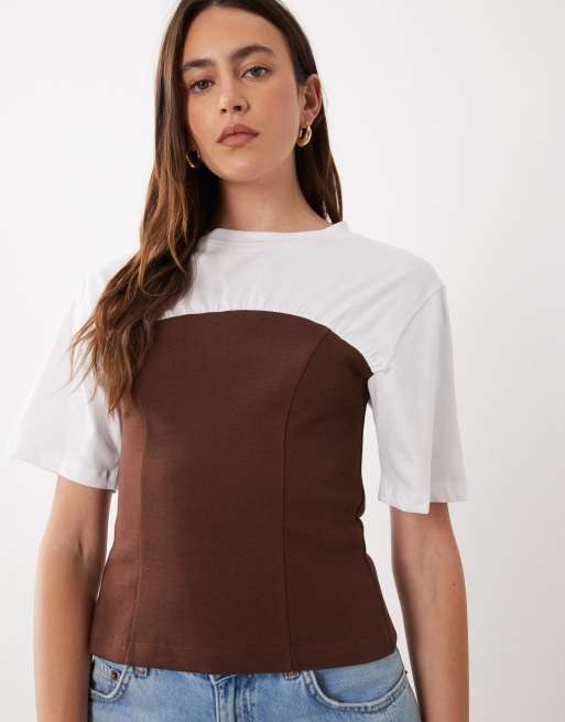 ASOS DESIGN top a maniche corte con fascia a contrasto color cioccolato
