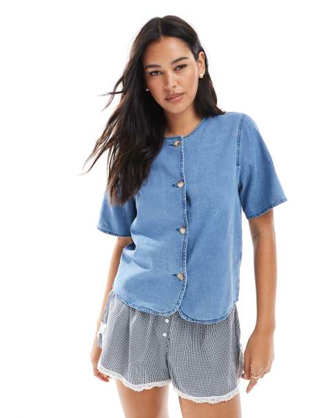 ASOS DESIGN - Top a maniche corte in denim color blu medio con bottoni - view 1