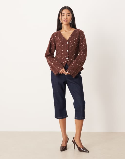 ASOS DESIGN - Top a maniche corte in denim marrone a pois piccoli con bottoni, 3 di 4