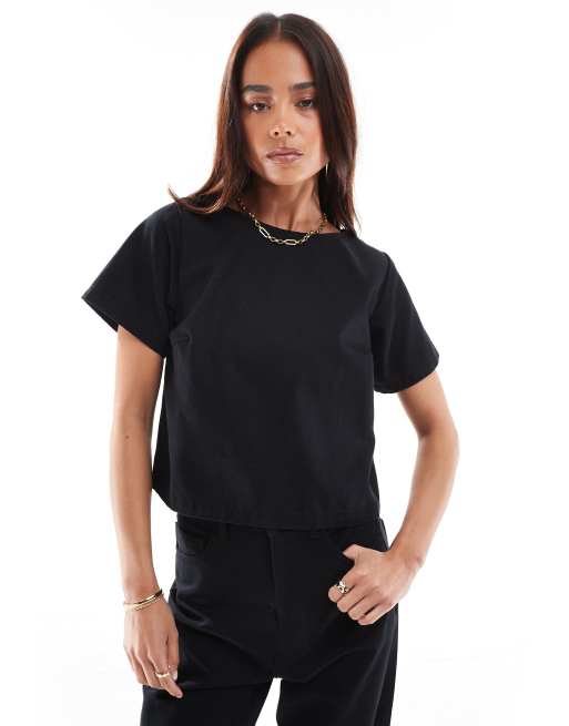 ASOS DESIGN - Top a maniche corte in denim nero