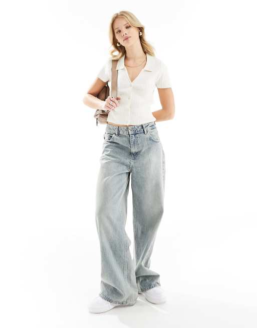 ASOS DESIGN - Top a maniche corte in maglia color crema con bottoni e colletto, 3 di 4