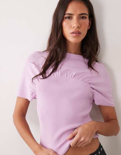 ASOS DESIGN top a maniche corte in maglia fine con dettaglio arricciato rosa chiaro