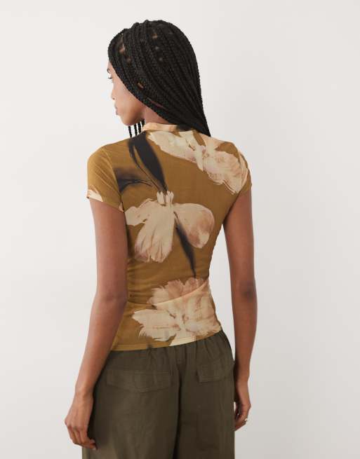 ASOS DESIGN - Top a maniche corte in rete verde con stampa floreale, 4 di 4