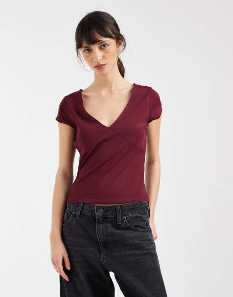 ASOS DESIGN - Top a maniche corte modellante bordeaux con scollo a V - view 1