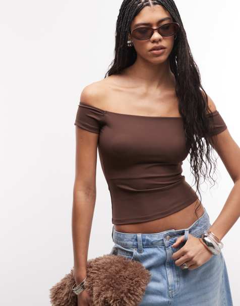 ASOS DESIGN - Top a maniche corte modellante marrone cioccolato con scollo Bardot - view 1