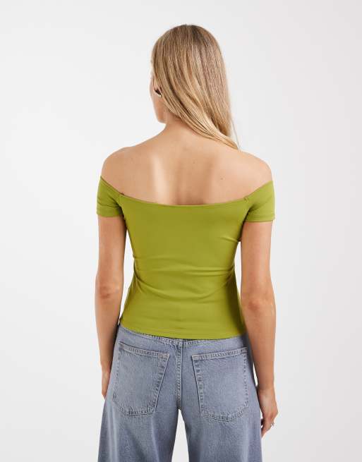 ASOS DESIGN - Top a maniche corte modellante verde con scollo Bardot, 4 di 4