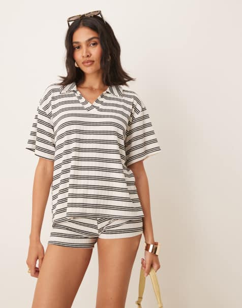 ASOS DESIGN - Top a maniche corte monocromatico a righe con colletto stile rugby in coordinato - view 1