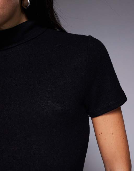 ASOS DESIGN - Top a maniche corte nero spazzolato a coste con collo alto, 4 di 4