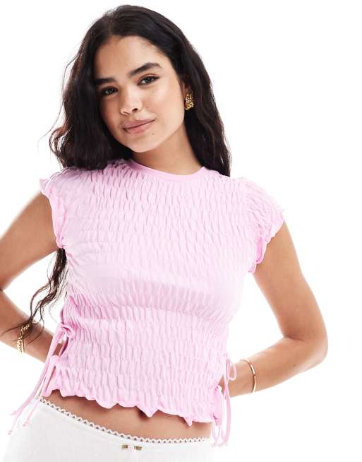 ASOS DESIGN - Top a maniche corte rosa testurizzato con allacciatura laterale