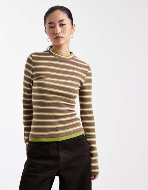 ASOS DESIGN - Top a maniche lunghe a doppio strato blu e cioccolato a righe, 3 di 4