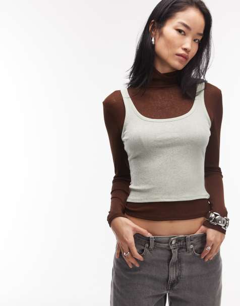 ASOS DESIGN - Top a maniche lunghe a doppio strato trasparente con collo a imbuto color menta e cioccolato - view 1