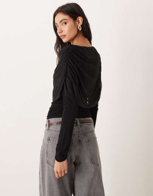 ASOS DESIGN - Top a maniche lunghe a mantella nero, 3 di 4