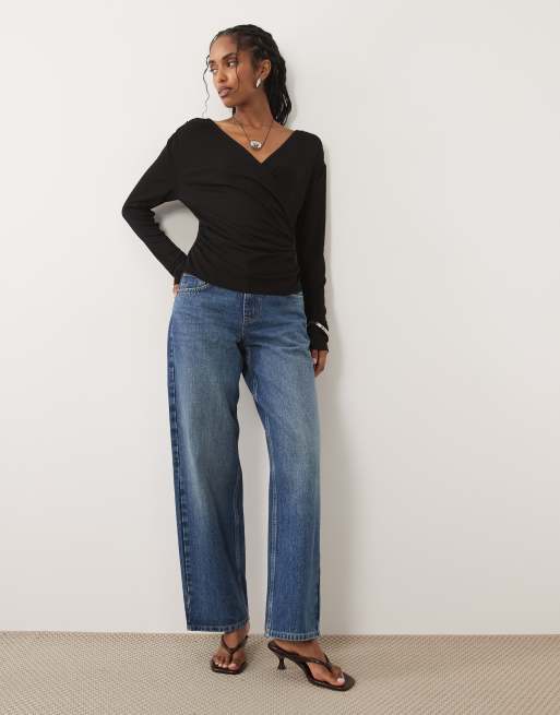ASOS DESIGN - Top a maniche lunghe a portafoglio in morbido jersey drappeggiato nero, 2 di 4