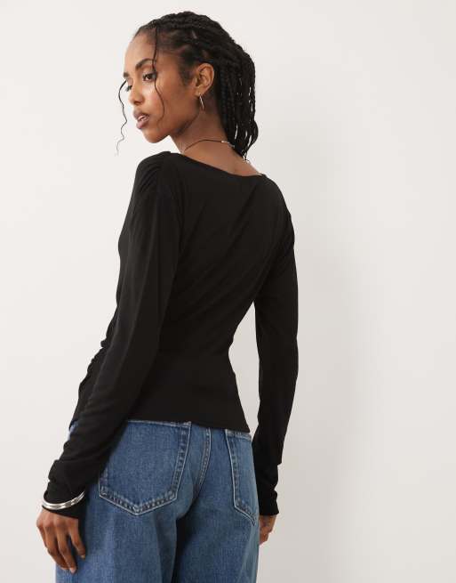 ASOS DESIGN - Top a maniche lunghe a portafoglio in morbido jersey drappeggiato nero, 4 di 4
