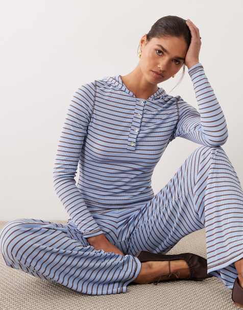 ASOS DESIGN - Top a maniche lunghe a righe con bottoni e cappuccio in coordinato - view 1