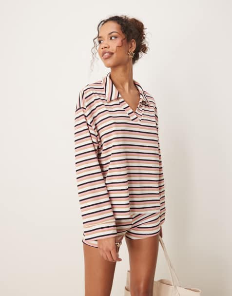 ASOS DESIGN - Top a maniche lunghe a righe rosa con colletto stile rugby in coordinato - view 1