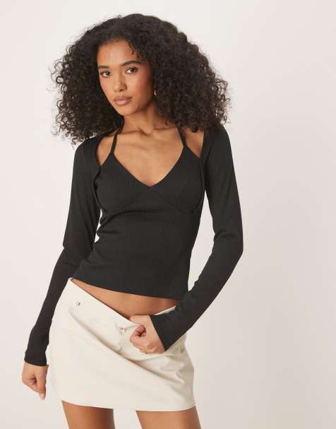 ASOS DESIGN - Top a maniche lunghe allacciato al collo nero a coste - view 1