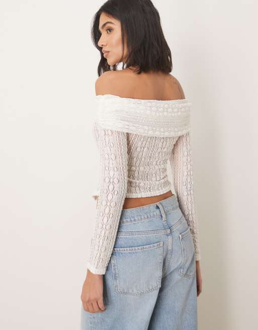 ASOS DESIGN - Top a maniche lunghe avorio con spalle scoperte e laccetti, 2 di 4