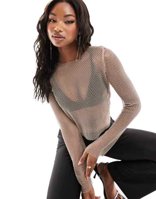 ASOS DESIGN - Top a maniche lunghe beige in rete con applicazioni fissate a caldo 