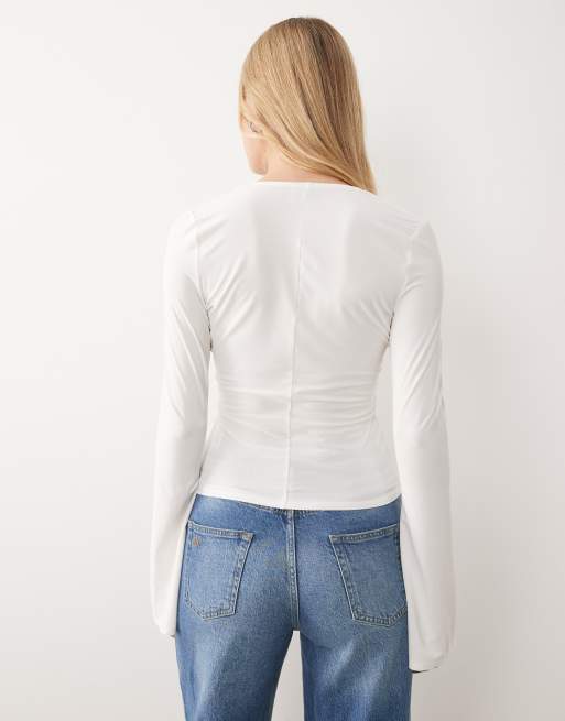 ASOS DESIGN - Top a maniche lunghe bianco con bottoni e finiture in pizzo, 4 di 4